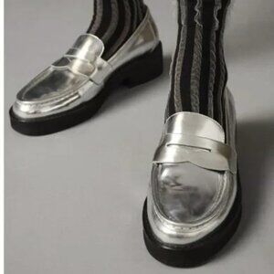 Bibi Lou / Anthropologie - Jaya Leather Loafers - Silver - EU Size 41 / US 10